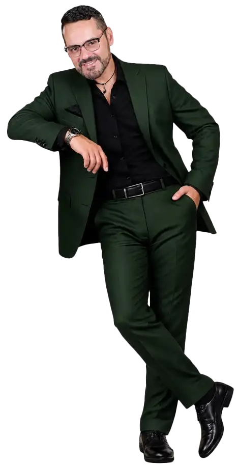 Man in green suit posing confidently